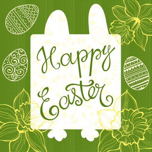 Illustration stylized rabbit, happy easter message, easter eggs, daffodils on green grass