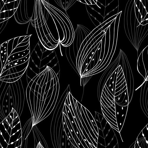 Illustration decorative leaves white and gray outlines on black scandi style