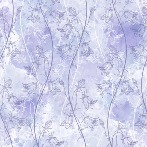 Vector image bell flowers wavy lines on lavender watercolor