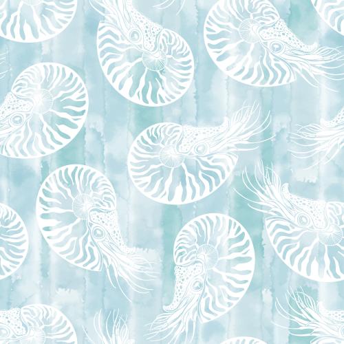 Illustration nautiluses white silhouettes on blue watercolor