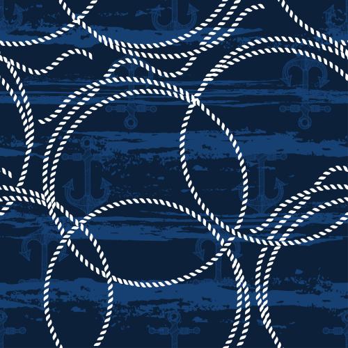 Anchor. Vector white circles from sea ropes, anchors, textured waves on blue