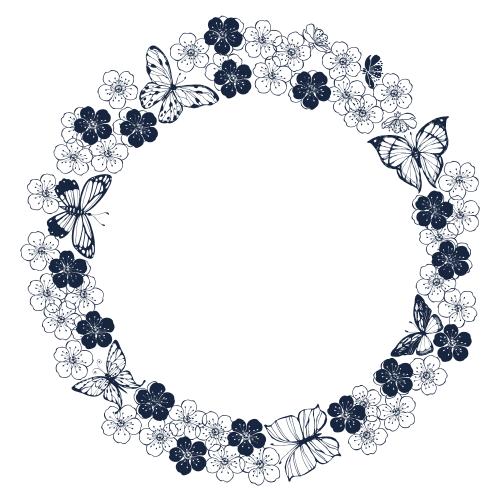 Vector image round frame with flowers and butterflies on white
