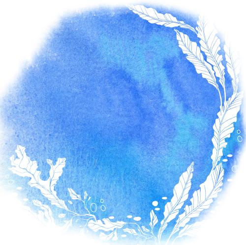 Raster image white seaweed silhouettes blue watercolor round spot with text area