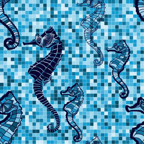 Square. Vector sea horses on mosaic checkered blue tones