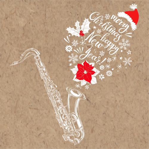 Saxophone. Vector saxophone snowflakes hellebore poinsettia new years hat and a wish happy new year merry christmas winter composition on craft
