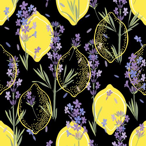 Lavender. Vector lavender and lemons on black