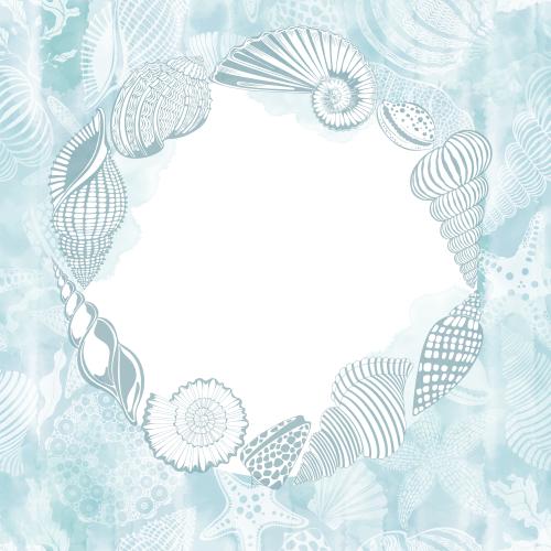 Vector image sea stars shells nautilus sea urchin corals algae on a blue watercolor white circular text area