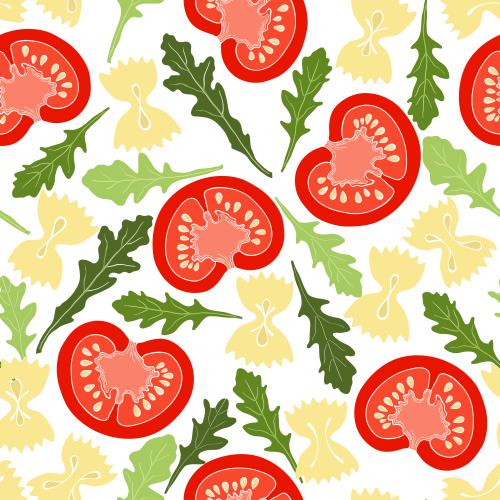 Vector image macaroni farfalle, tomatoes, arugula on white