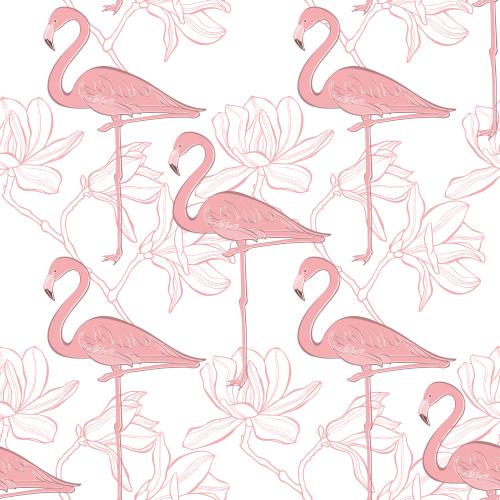 Magnolia. Vector pink flamingos and magnolias on white