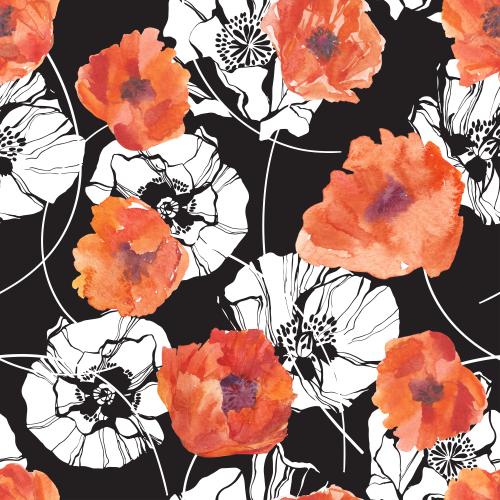 Raster image poppies watercolor and white silhouettes of flowers on black