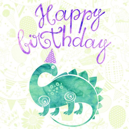 Symbol. Vector watercolor dinosaur happy birthday inscription on white with holiday symbols