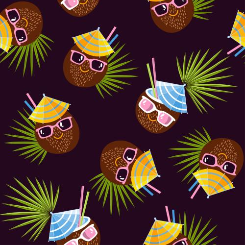 Cocktail. Vector cartoon coconut cocktails in sunglasses and palm leaves on dark