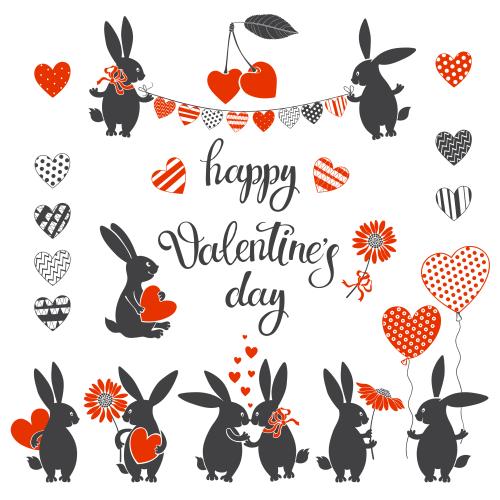 Vector image cute rabbits hearts balloons and garland inscription happy valentines day on white