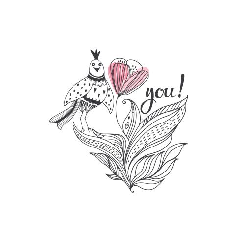 Illustration cute bird on a decorative flower, colorful fragment in the shape of a heart on white
