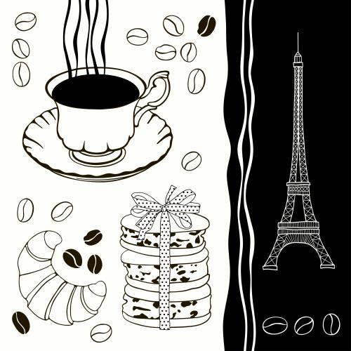 Eiffel tower. Vector coffee cup, coffee beans, macarons and eiffel tower