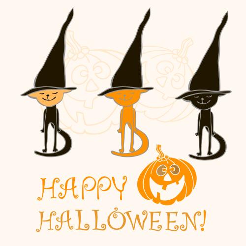 Cat. Vector three cats in witch hats pumpkin lantern and the text happy halloween