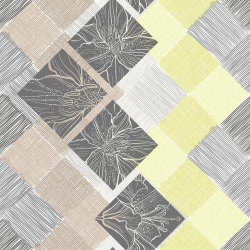 Lily. Vector fragments of lilies in squares on monochrome and colored striped and checkered squares