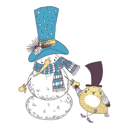 Vector image cartoonish snowman and bird on white
