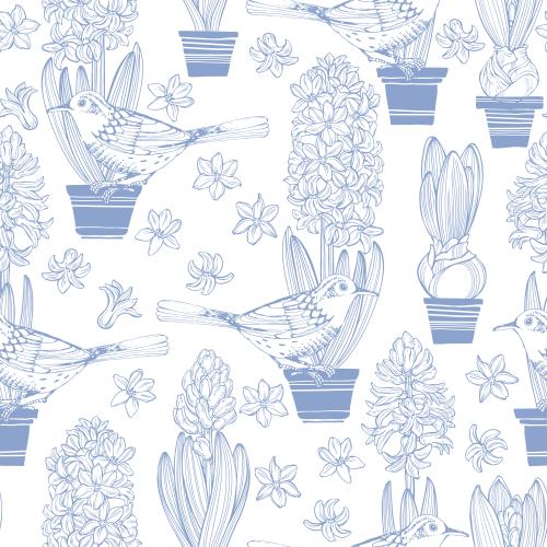 Hyacinth. Vector hyacinths in pots, birds on white