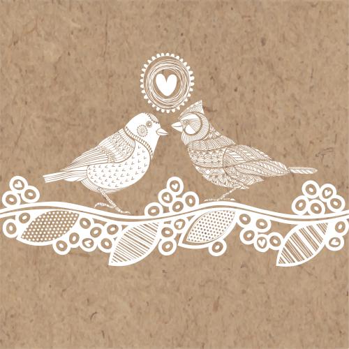 Valentine. Vector two decorative birds on a stylized branch, heart on craft