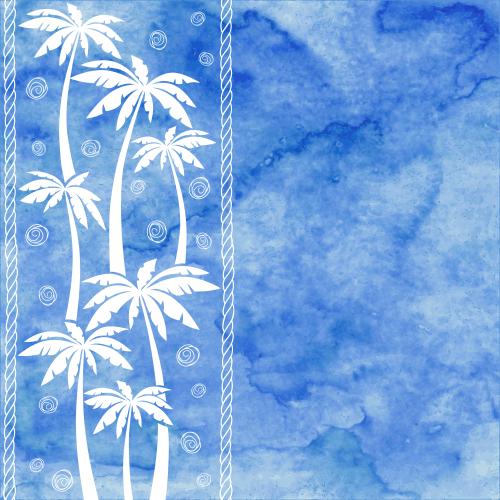 Illustration palm trees marine ropes text area on blue watercolor