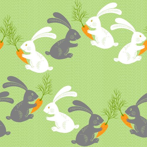 Grass. Vector cartoon rabbits with carrots on grass