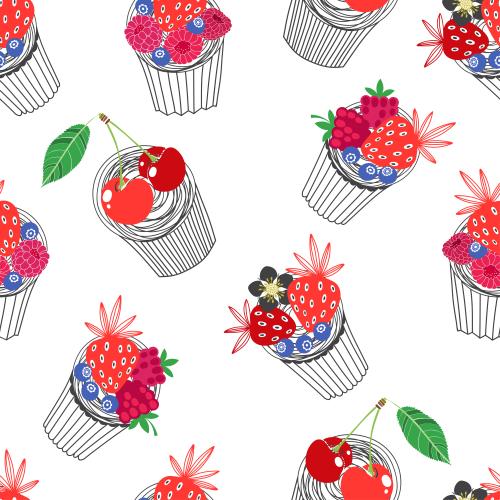 Bilberry. Vector cakes with berries: raspberries, strawberries, cherries and blueberries on white