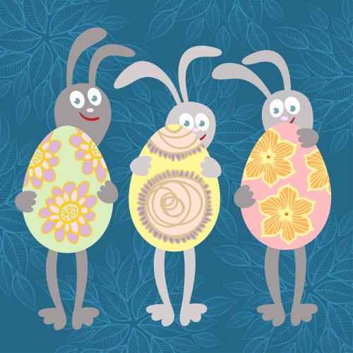 Rabbit. Vector three cute rabbits with festive easter eggs