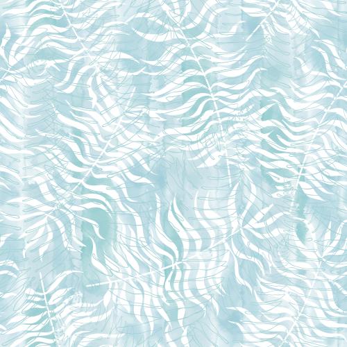 Vector image fern leaves silhouettes and contours on blue watercolor