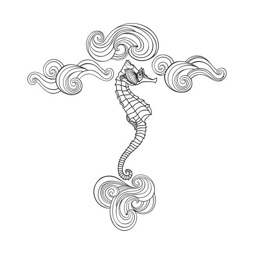Illustration sea horse and decorative waves, maritime composition on white
