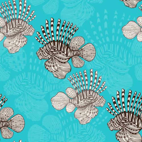 Vector image winged fish on blue silhouettes and outlines