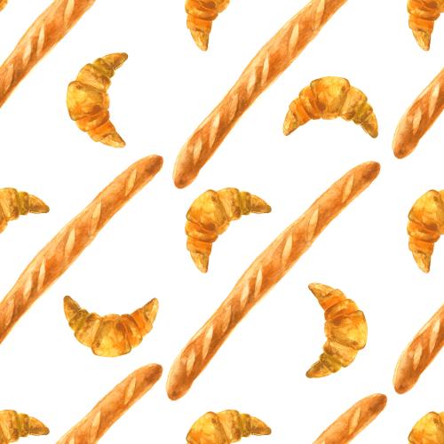 Raster image watercolor croissants and baguettes on white
