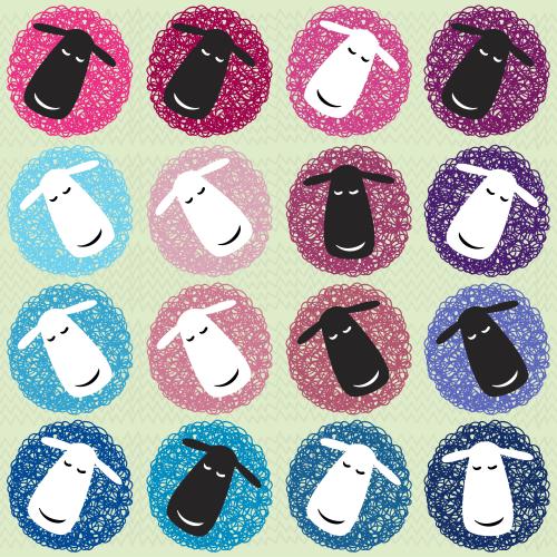 Grass. Vector cute multicolored sheep on green grass cartoon style