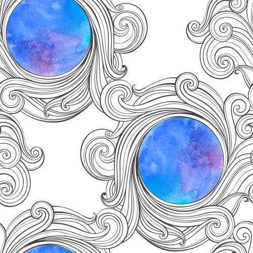Vector image decorative monochrome waves with a round watercolor fragment on white