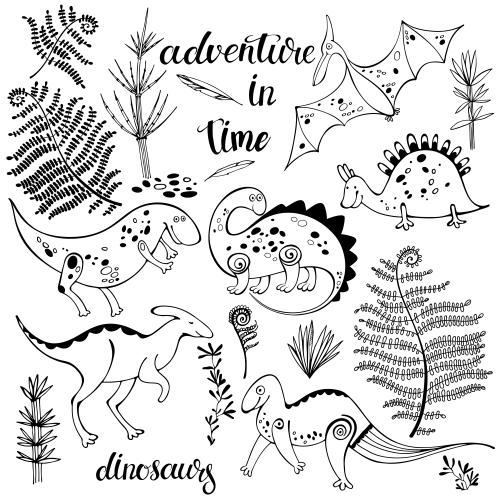 Fern. Vector cute cartoon dinosaurs ferns inscription adventure in time on white