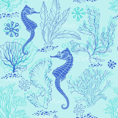 Seaweed. Vector silhouettes of seahorses and contours of underwater plants on blue