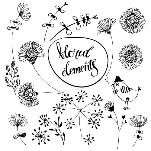 Vector image cartoonish flower elements and cute bird on white