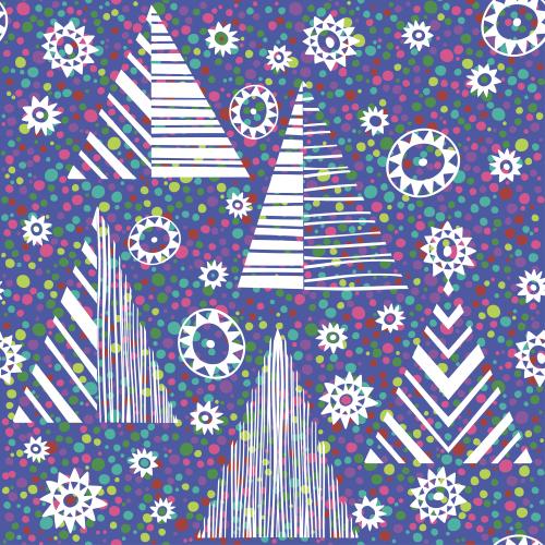 Christmas tree. Vector stylized trees and snowflakes on blue in multicolored checkered