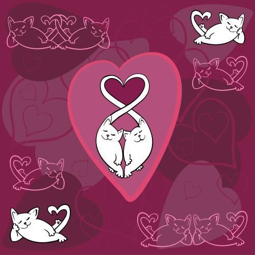 Romance. Vector cats and hearts on burgundy