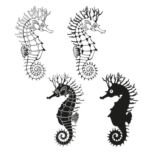 Illustration sea horses black silhouettes and contours on white
