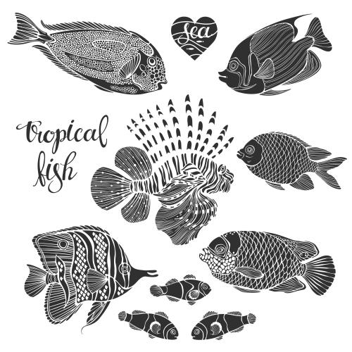 Vector image tropical fish, nine black silhouettes on white