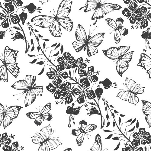Vector image bugleweed ivan's tea and butterflies black silhouettes and outlines on white