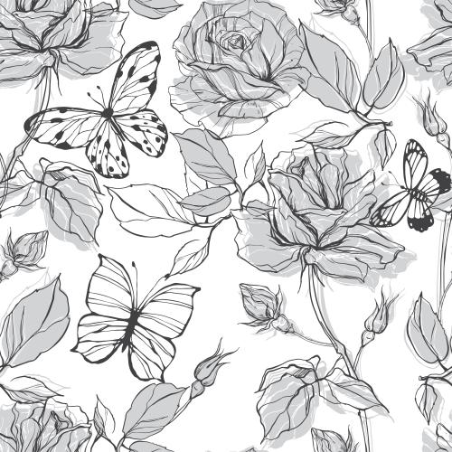Floral. Vector roses and butterflies, black outlines and gray silhouettes on white