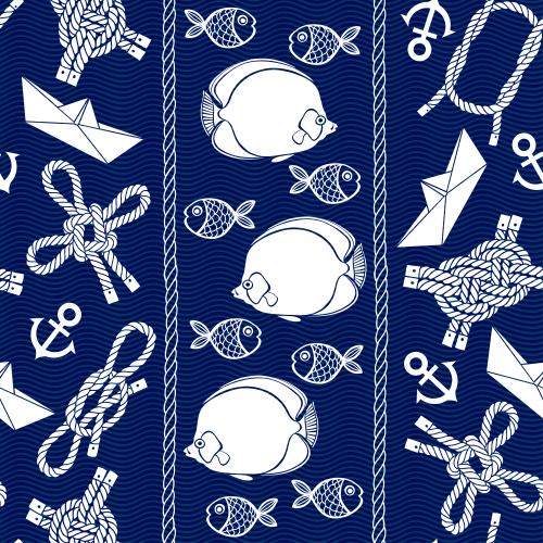Rope. Vector white silhouettes of tropical fish naval knots anchors paper ships on blue waves