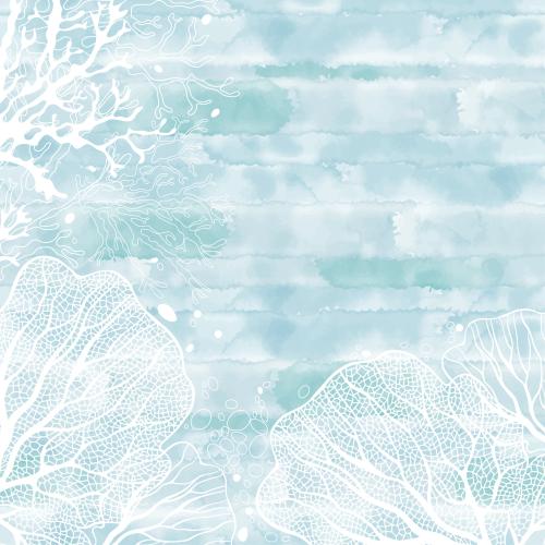 Illustration corals, algae, text area on blue watercolor