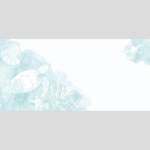 Turtle. Vector tortoise, sea stars, nautilus, corals on blue watercolor fragments, space for text on white, corner composition