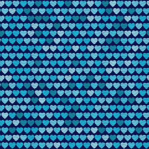 Romance. Vector hearts in blue shades and horizontal wavy stripes