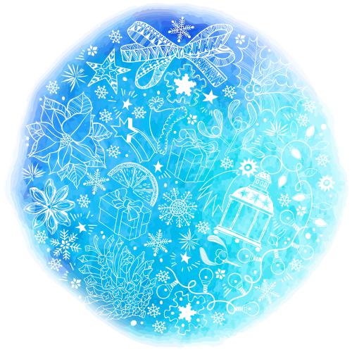 Snowflake. Vector symbols of winter holidays in a circle on a blue watercolor