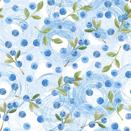 Raster image watercolor blueberry branches, berries, blue and blue circles on white