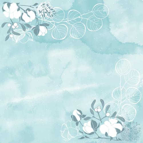 Cotton. Vector cotton mistletoe pine cones eucalyptus branches and text areas on a blue watercolor corner composition